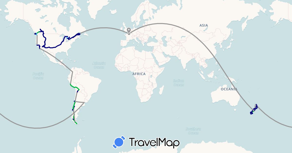 TravelMap itinerary: driving, bus, plane, boat, hitchhiking in Argentina, Bolivia, Canada, Chile, Colombia, France, New Zealand, Peru, United States (Europe, North America, Oceania, South America)
